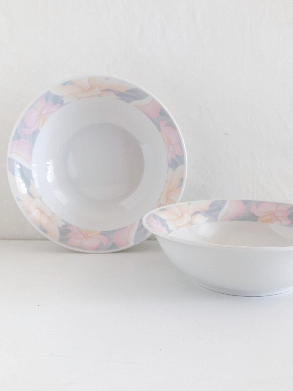 Vintage 90s China Pearl "Sara" Soup Bowls Pastel Pink Floral Trim Set of 2